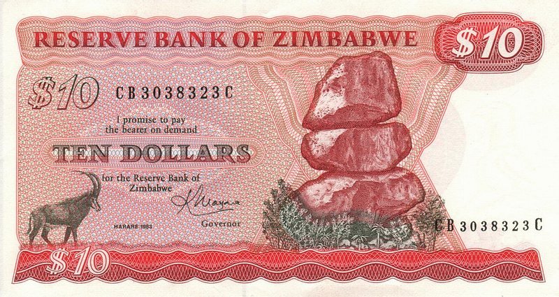 Front of Zimbabwe p3b: 10 Dollars from 1982