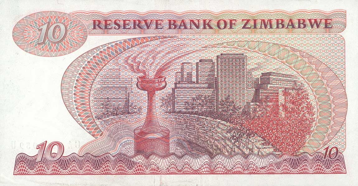 Back of Zimbabwe p3d: 10 Dollars from 1983