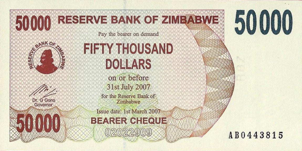 Front of Zimbabwe p47: 50000 Dollars from 2007