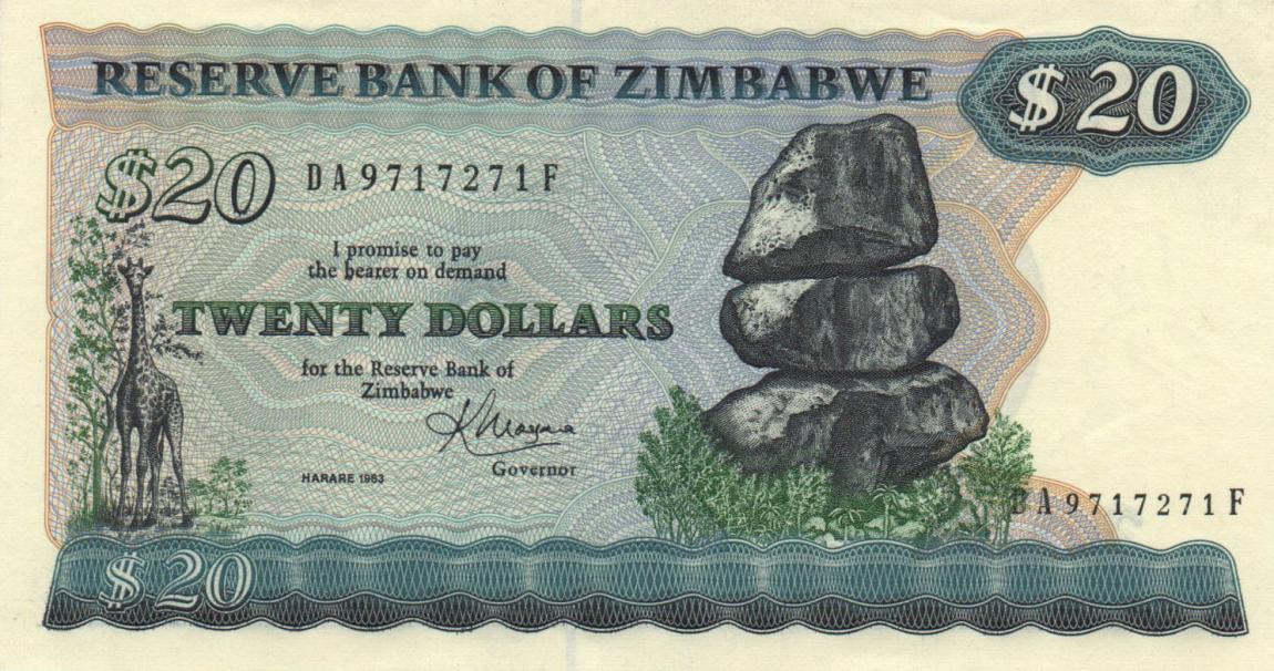 Front of Zimbabwe p4c: 20 Dollars from 1983
