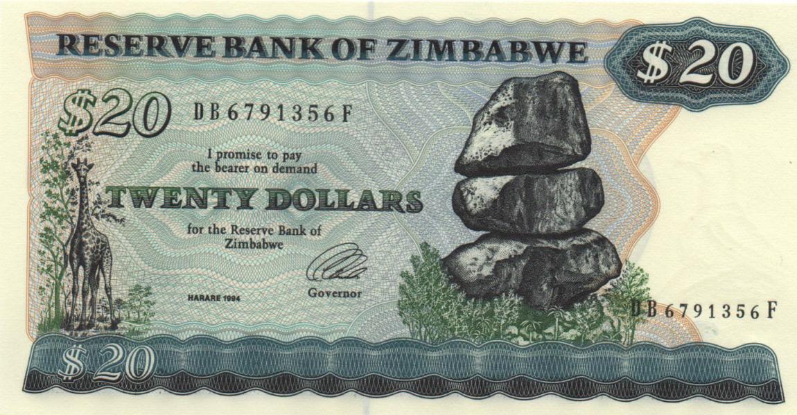 Front of Zimbabwe p4d: 20 Dollars from 1994