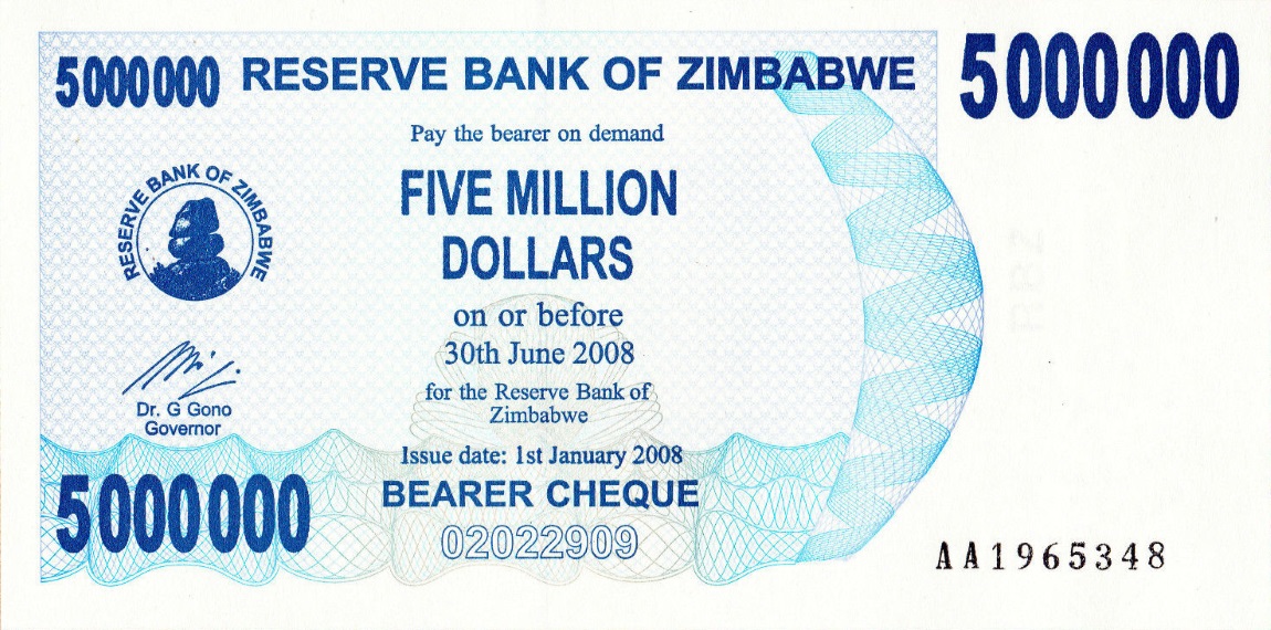Front of Zimbabwe p54: 5000000 Dollars from 2008
