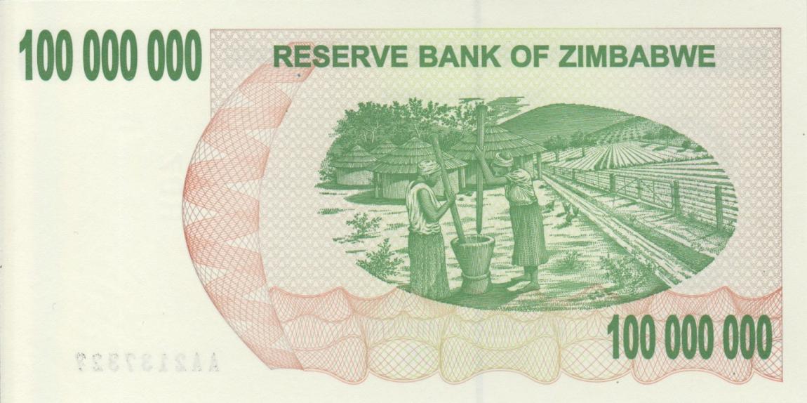 Back of Zimbabwe p58: 100000000 Dollars from 2008