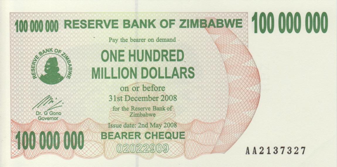 Front of Zimbabwe p58: 100000000 Dollars from 2008