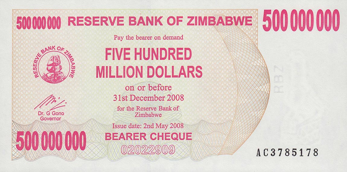 Front of Zimbabwe p60: 500000000 Dollars from 2008