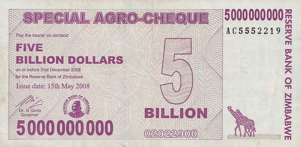 Front of Zimbabwe p61: 5000000000 Dollars from 2008