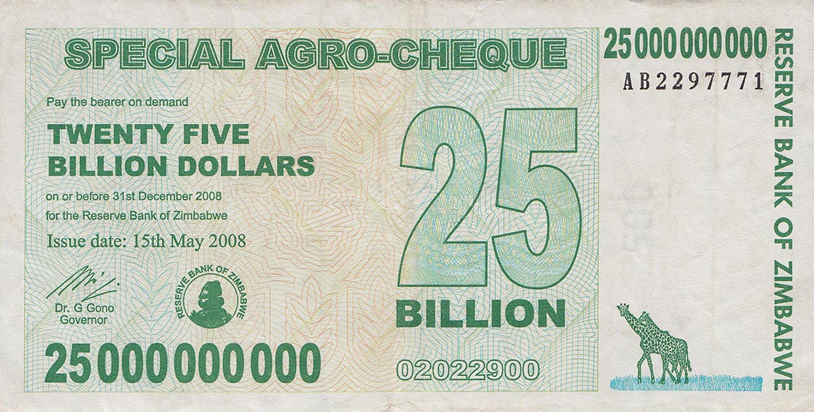 Front of Zimbabwe p62: 25000000000 Dollars from 2008