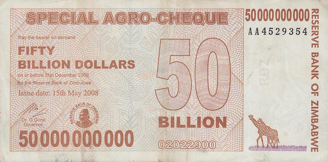 Front of Zimbabwe p63: 50000000000 Dollars from 2008