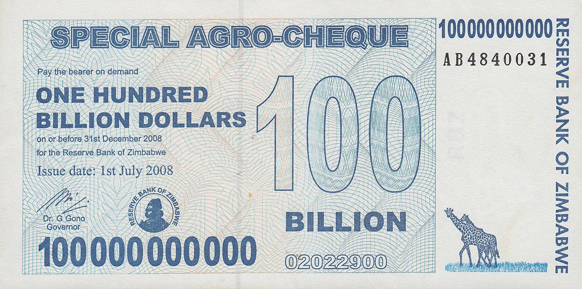Front of Zimbabwe p64: 100000000000 Dollars from 2008