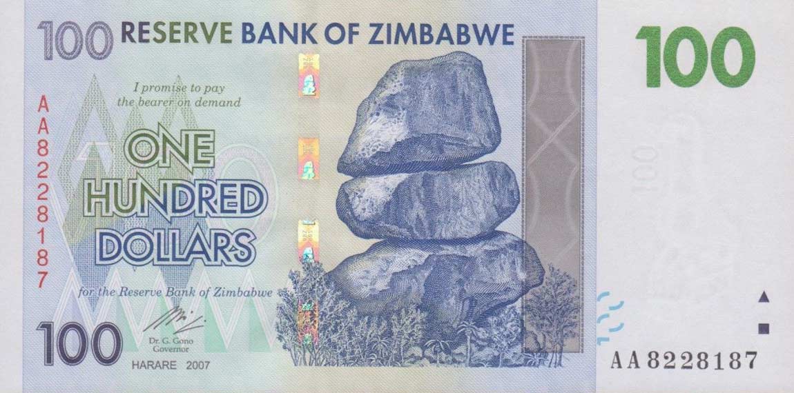 Front of Zimbabwe p69a: 100 Dollars from 2007