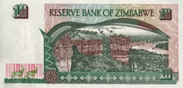 Back of Zimbabwe p6r: 10 Dollars from 1997
