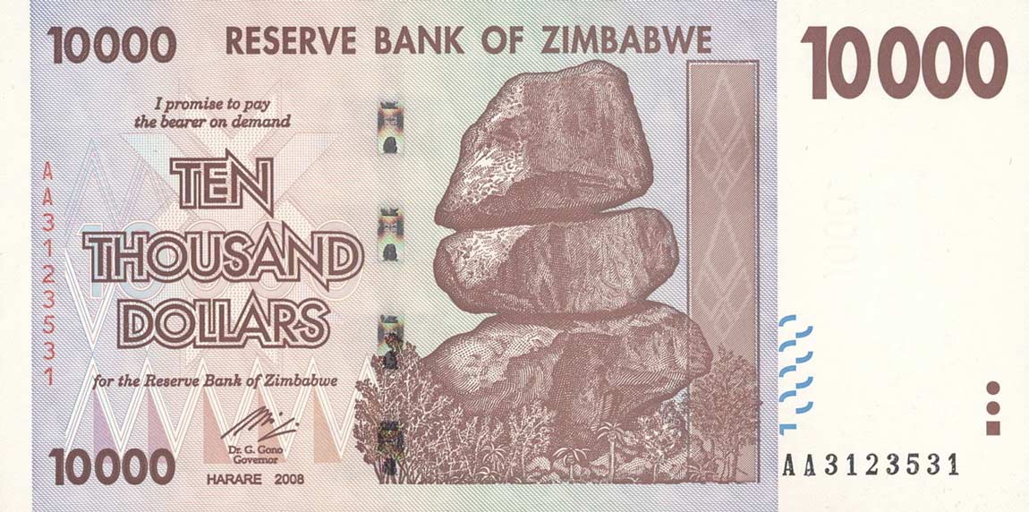 Front of Zimbabwe p72: 10000 Dollars from 2008