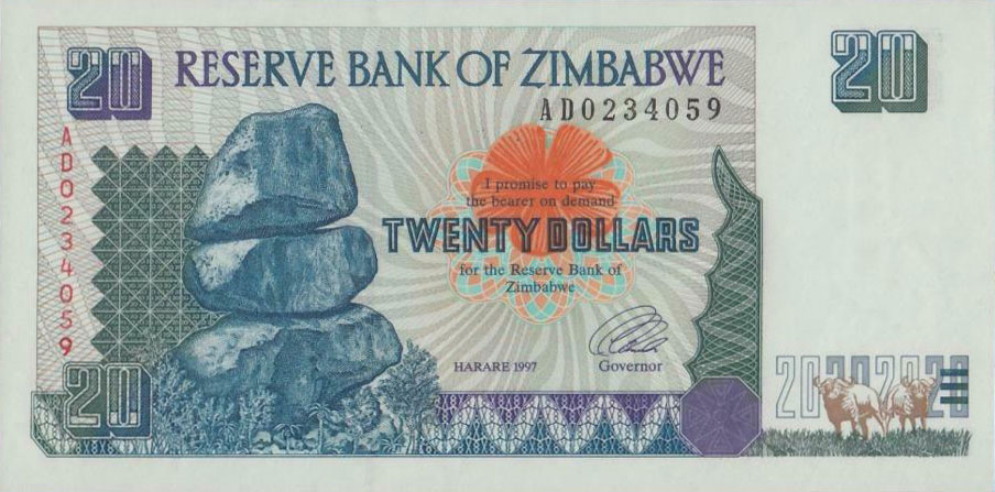 Front of Zimbabwe p7r: 20 Dollars from 1997