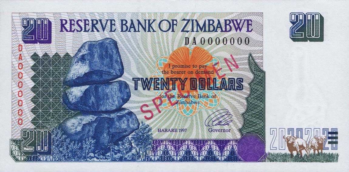 Front of Zimbabwe p7s: 20 Dollars from 1997