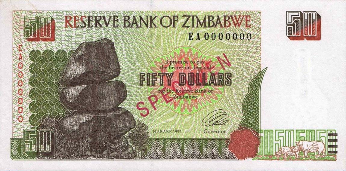 Front of Zimbabwe p8s: 50 Dollars from 1994
