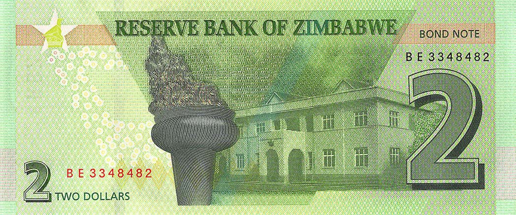 Back of Zimbabwe p99a: 2 Dollars from 2016