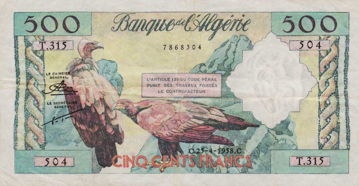 Front of Algeria p117a: 500 Francs from 1958