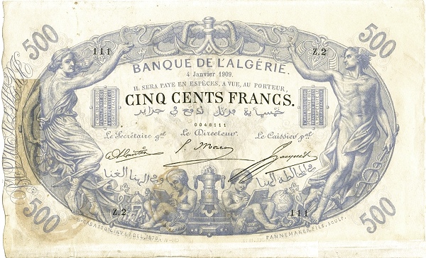 Front of Algeria p75a: 500 Francs from 1903