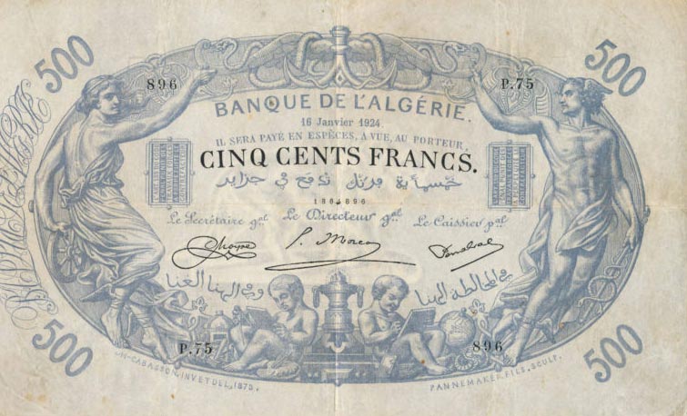 Front of Algeria p75b: 500 Francs from 1918