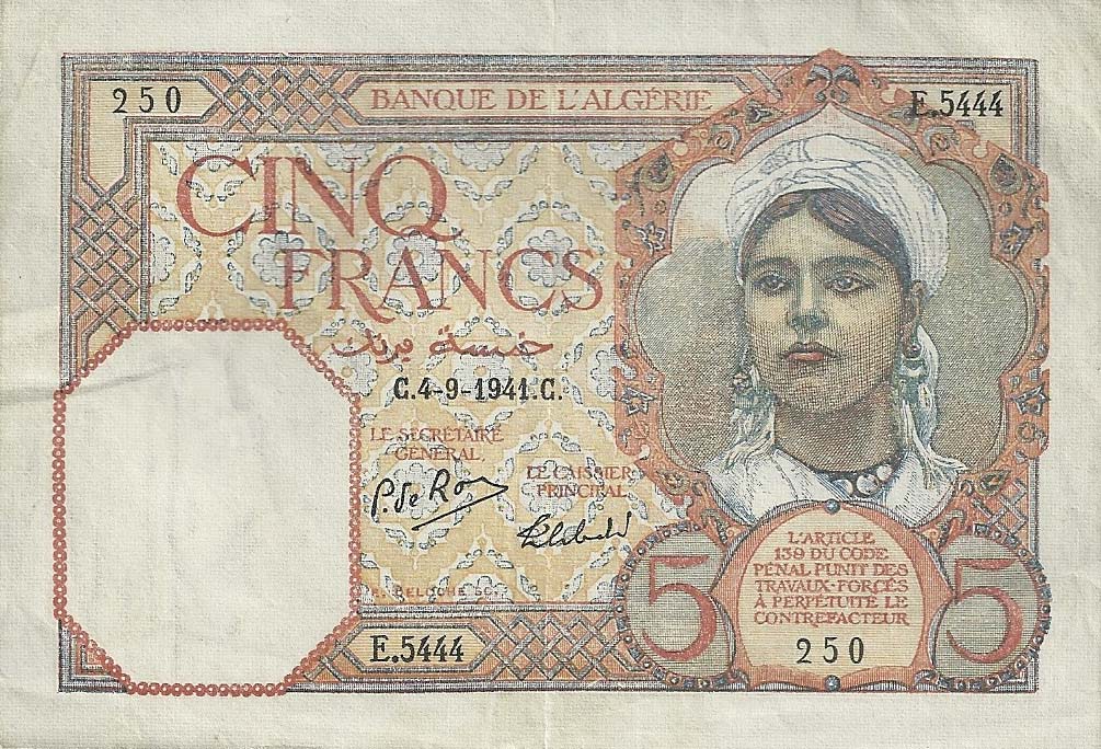 Front of Algeria p77a: 5 Francs from 1924