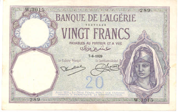 Front of Algeria p78b: 20 Francs from 1924