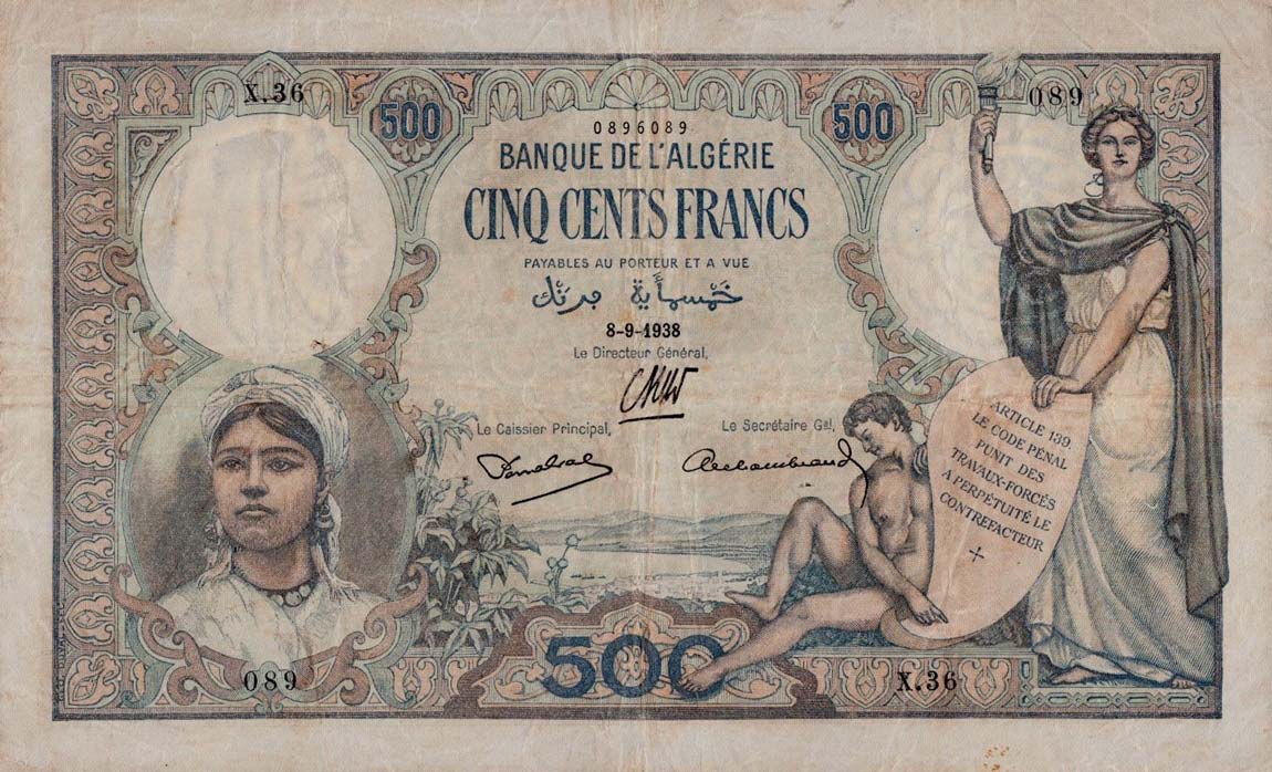 Front of Algeria p82: 500 Francs from 1926