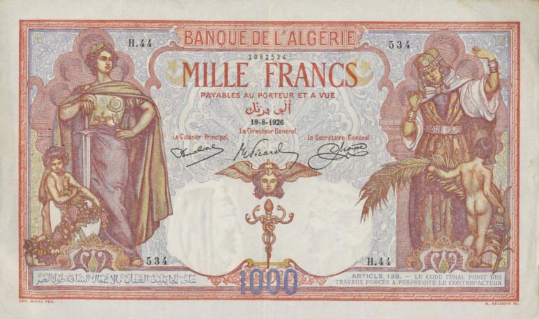 Front of Algeria p83a: 1000 Francs from 1926