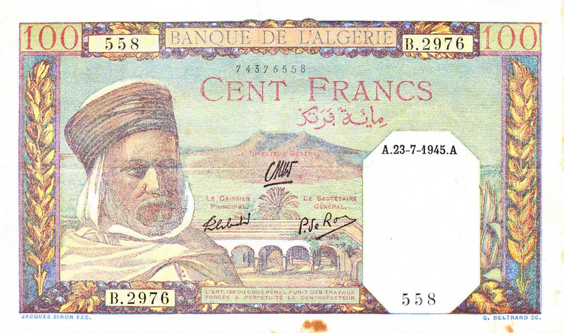 Front of Algeria p88a: 100 Francs from 1942