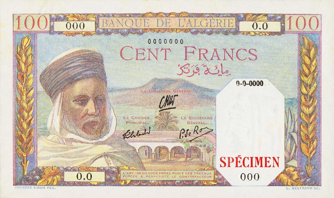 Front of Algeria p88s: 100 Francs from 1942