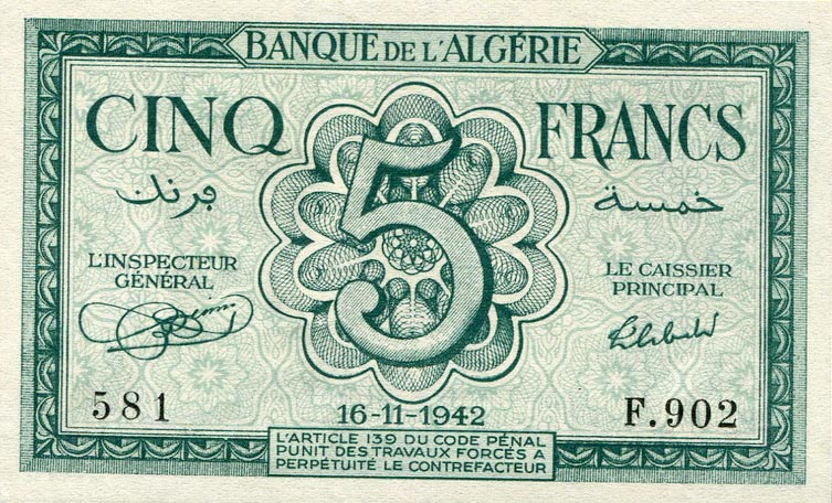 Front of Algeria p91: 5 Francs from 1942
