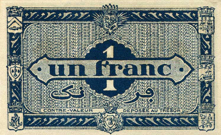 Back of Algeria p98a: 1 Franc from 1944