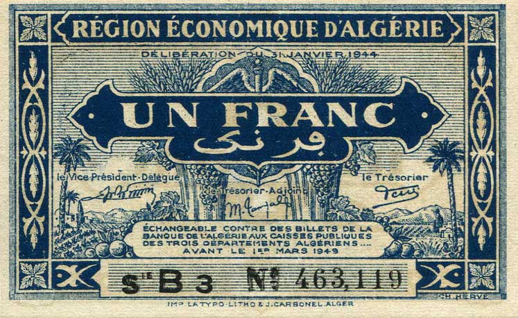 Front of Algeria p98a: 1 Franc from 1944