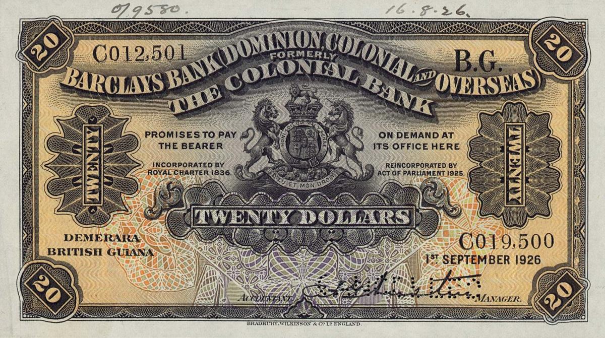 Front of British Guiana pS102As: 10 Dollars from 1926