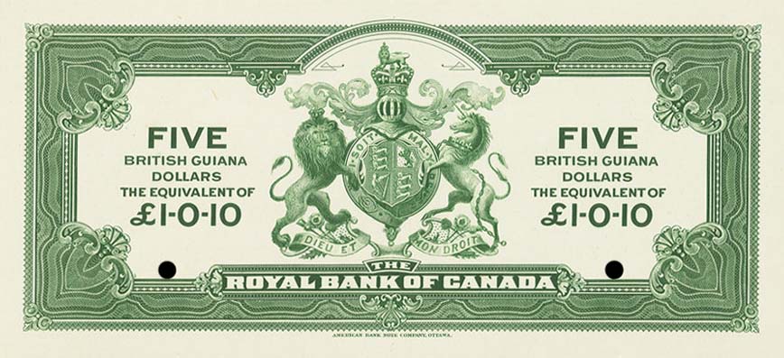 Back of British Guiana pS136p: 5 Dollars from 1920