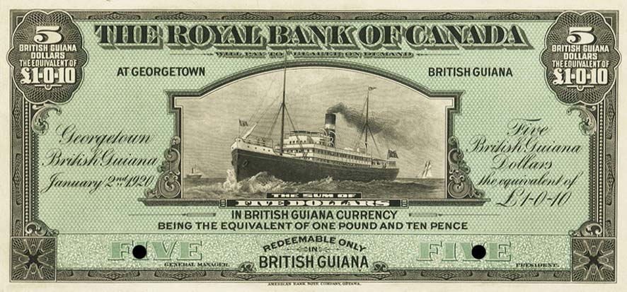 Front of British Guiana pS136p: 5 Dollars from 1920