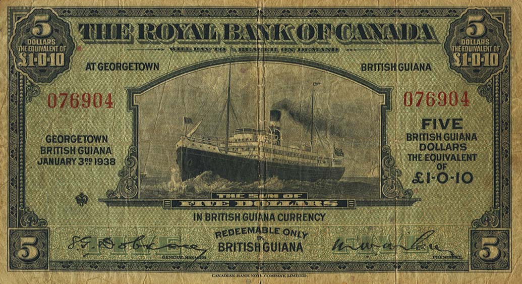 Front of British Guiana pS141a: 5 Dollars from 1938