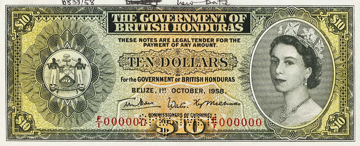 Front of British Honduras p31s: 10 Dollars from 1958