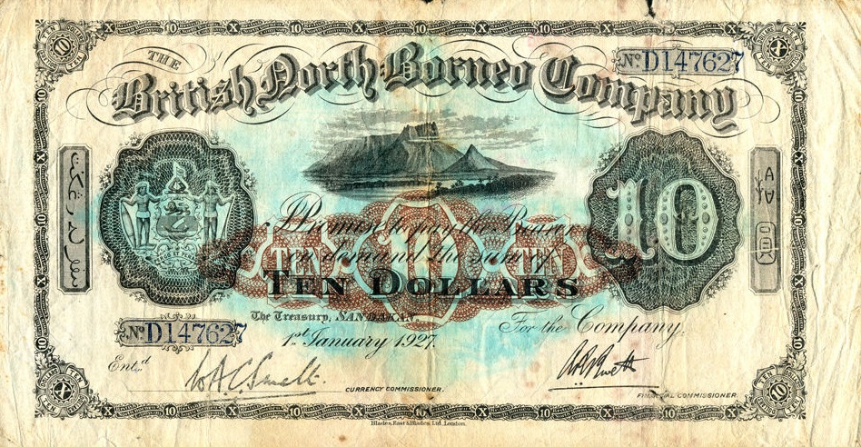 Front of British North Borneo p22: 10 Dollars from 1927