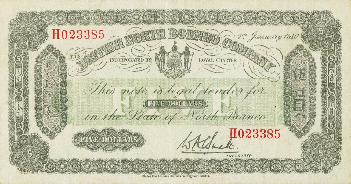 Front of British North Borneo p30: 5 Dollars from 1940