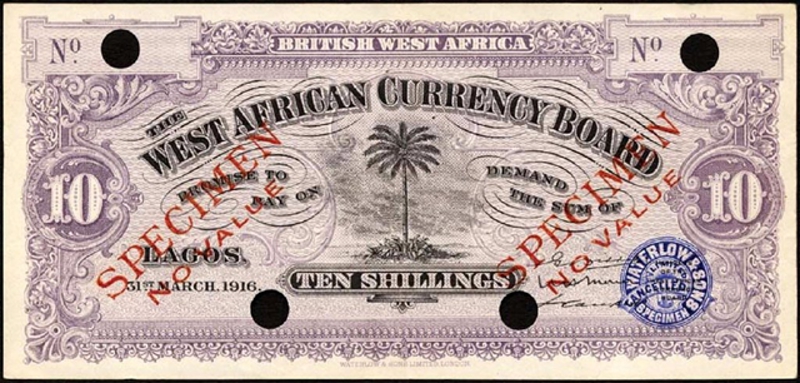 Front of British West Africa p4s: 10 Shillings from 1916