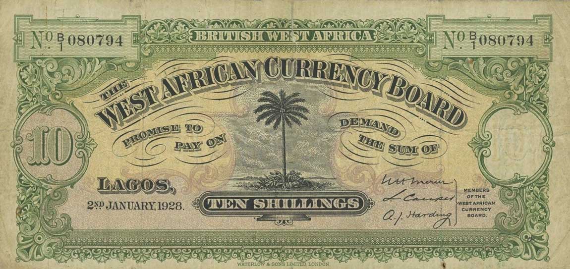 Front of British West Africa p7a: 10 Shillings from 1928