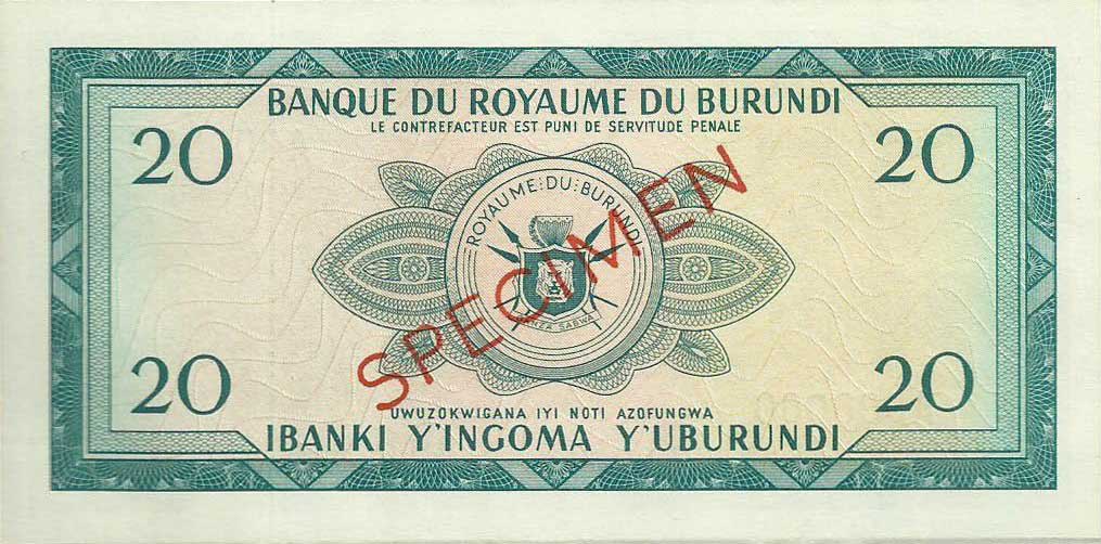 Back of Burundi p10s: 20 Francs from 1964