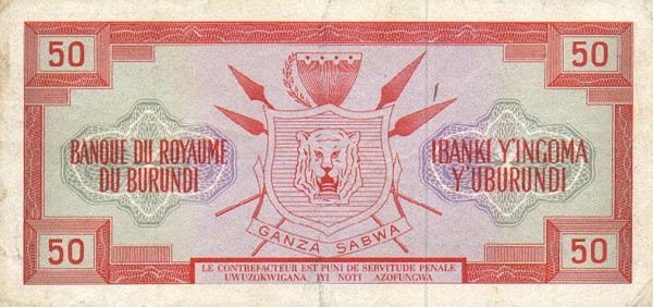 Back of Burundi p11a: 50 Francs from 1964