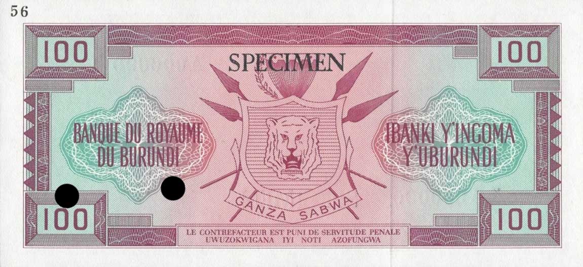 Back of Burundi p12ct: 100 Francs from 1964