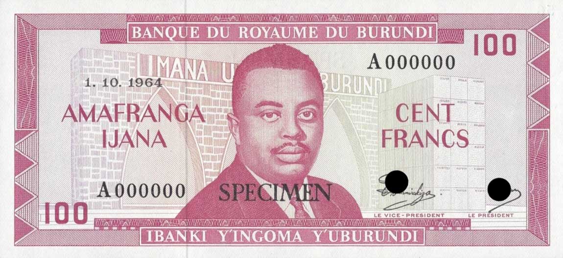 Front of Burundi p12ct: 100 Francs from 1964