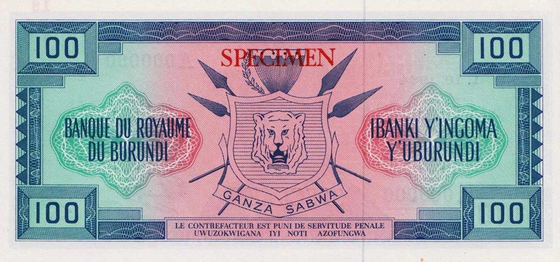 Back of Burundi p12s: 100 Francs from 1964