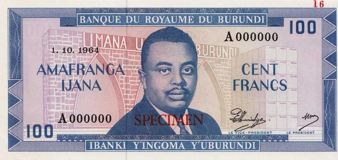 Front of Burundi p12s: 100 Francs from 1964