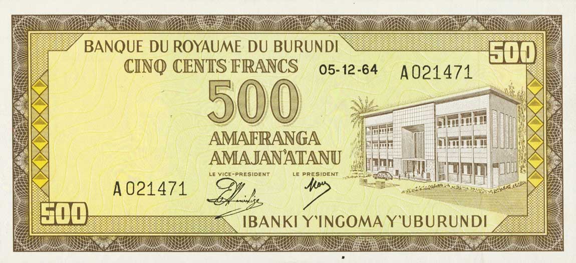 Front of Burundi p13a: 500 Francs from 1964