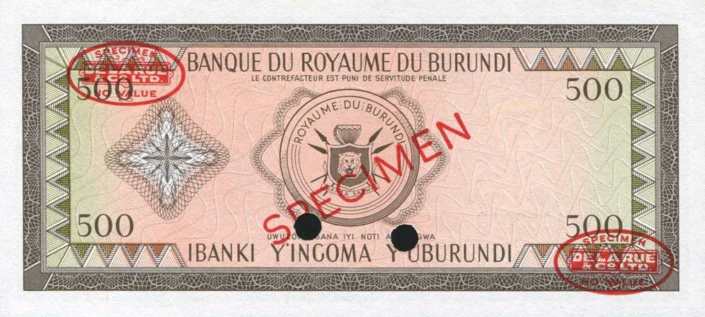Back of Burundi p13s: 500 Francs from 1964
