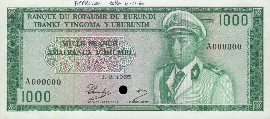 Front of Burundi p19s: 1000 Francs from 1966